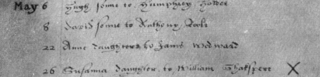 Документы о детях Шекспира: Запись о крещении дочери Сьюзен. 1583