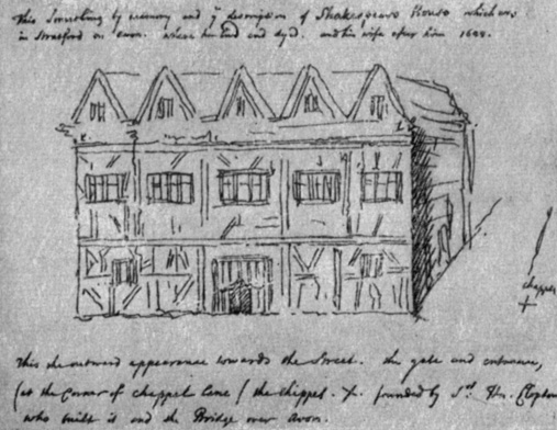 'Новое Место' (New Place) - один из самых больших каменных домов в Стратфорде, принадлежавший Шекспиру. Зарисовка сделана в 1629 году. Здание не сохранилось