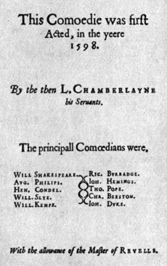 Страница из пьесы Бена Джонсона 'Каждый в своем нраве', где сообщается, что пьеса была впервые сыграна в 1598 году 'слугами лорда-камергера'; в числе исполнителей названы Шекспир и Бербедж