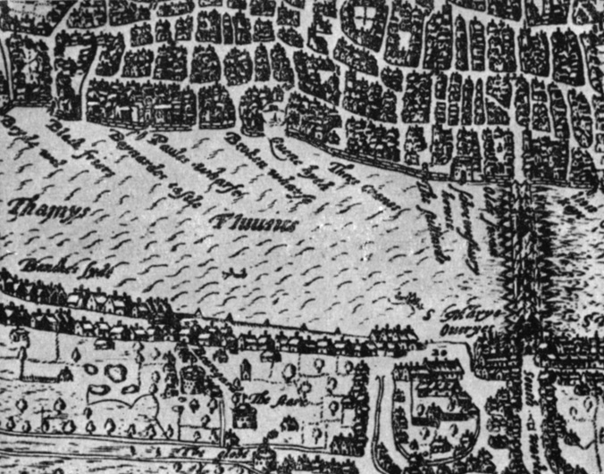 Карта Лондона в начале XVII века. Внизу видно здание театра 'Глобус'. Немного выше - театр, принадлежавший Хенсло и Аллену