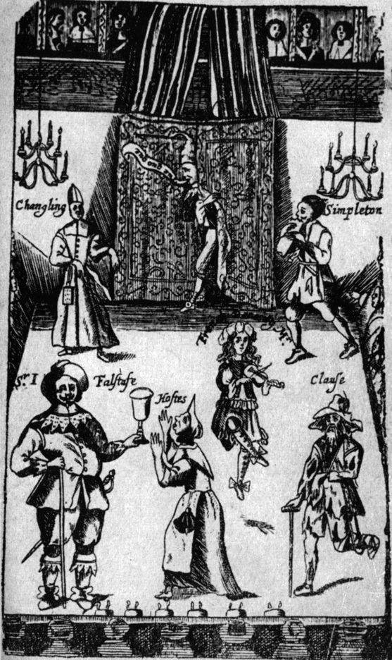 Старинная гравюра с изображением театра XVII века. На переднем плане - персонажи Шекспира - Фальстаф и г-жа Куикли