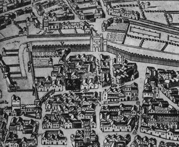 Часть карты Лондона времен Шекспира. В центре заштрихован дом французского ремесленника Монжуа на Силвер-стрит, где в начале XVII века жил Шекспир